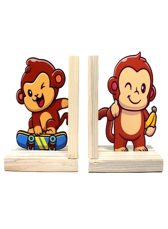 The Rosette Imprint Wooden Bookend for Kids Girls & Boys | Adjustable Book Stopper & Book Holder Stand | Bookends for Study Table, Shelf & Home Decor | Safe & Durable | Monkey Design - Image 1